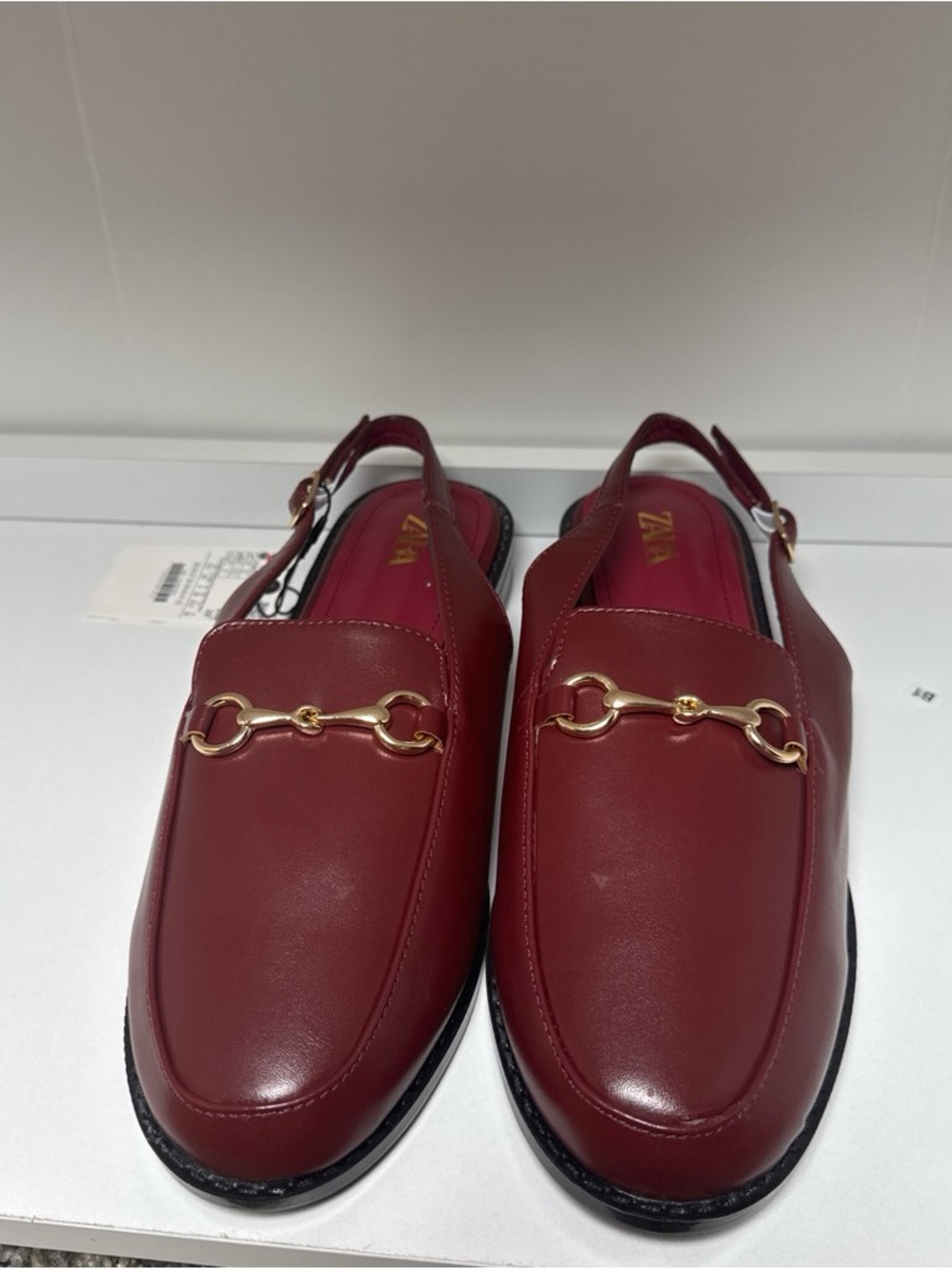 ZARA Burgundy Slingback Loafers with Gold Hardware
